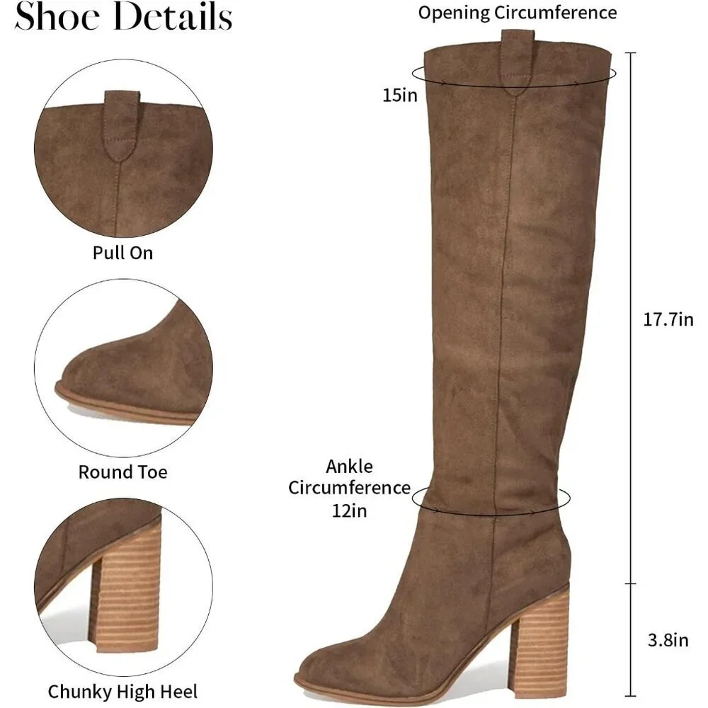 Women's 1 Taupe Suede Knee-high Boots Fall Boot Chunky Block High Heel
